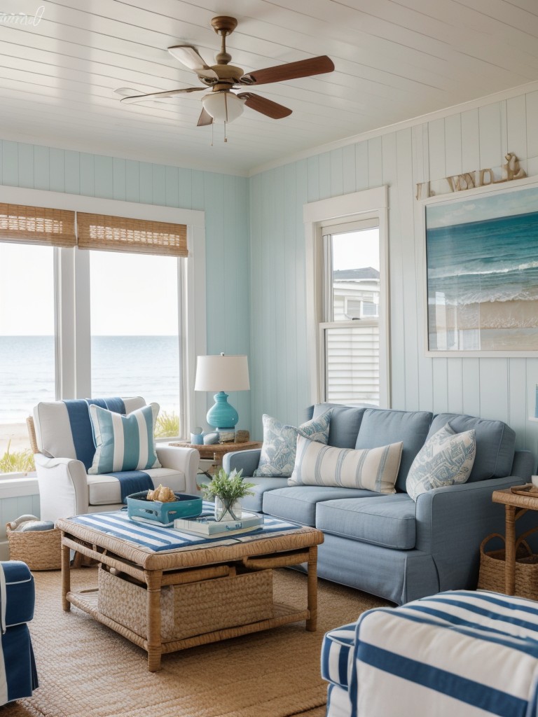 coastal-living-room-ideas-beachy-vibe-nautical-accents-using-striped-upholstery-seashell-decor-coastal-artwork