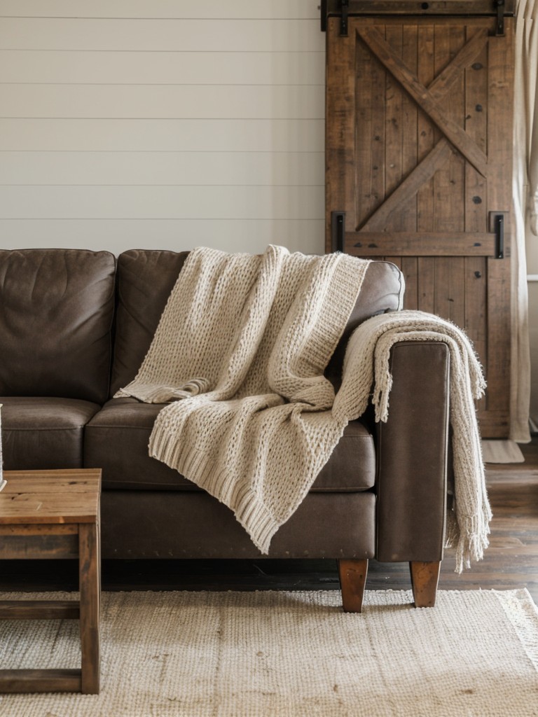 cozy-farmhouse-living-room-ideas-distressed-wood-furniture-neutral-color-palette-using-reclaimed-barn-door-oversized-knit-blankets-shiplap-walls