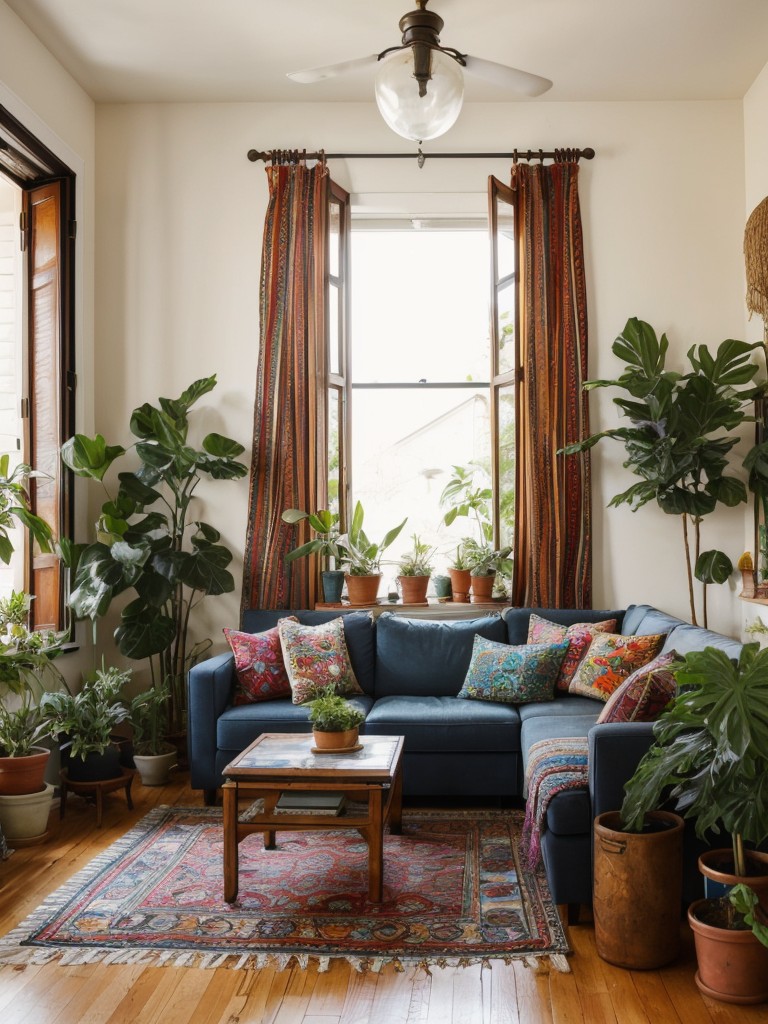 bohemian-living-room-ideas-eclectic-furnishings-vibrant-colors-lots-plants-free-spirited-cozy-vibe
