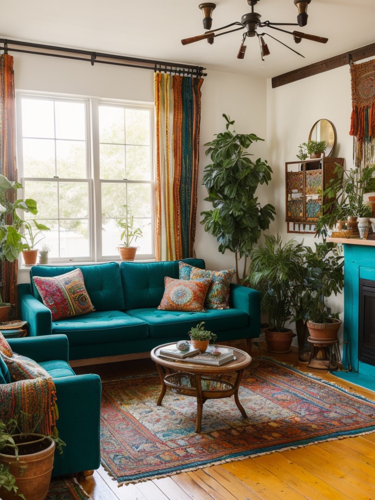 bohemian-living-room-ideas-vibrant-colors-eclectic-patterns-assortment-global-inspired-pieces-free-spirited-artistic-look-incorporating-plants-vintage