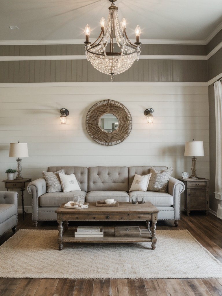 farmhouse-chic-living-room-design-combining-vintage-furniture-shiplap-walls-distressed-finishes-touch-elegance-through-crystal-chandeliers-tufted-upho