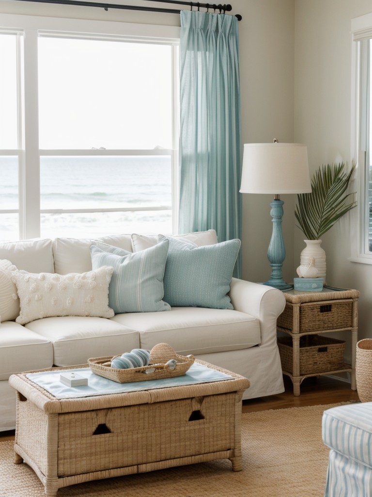 coastal-living-room-ideas-beachy-vibe-light-airy-color-scheme-nautical-decor-accents-using-seashell-accessories-wicker-furniture-sheer-curtains