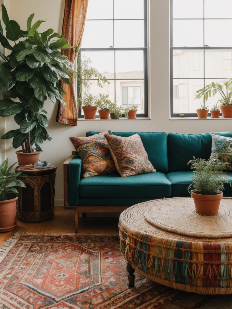 bohemian-living-room-ideas-eclectic-furniture-colorful-textiles-lots-plants-relaxed-free-spirited-vibe