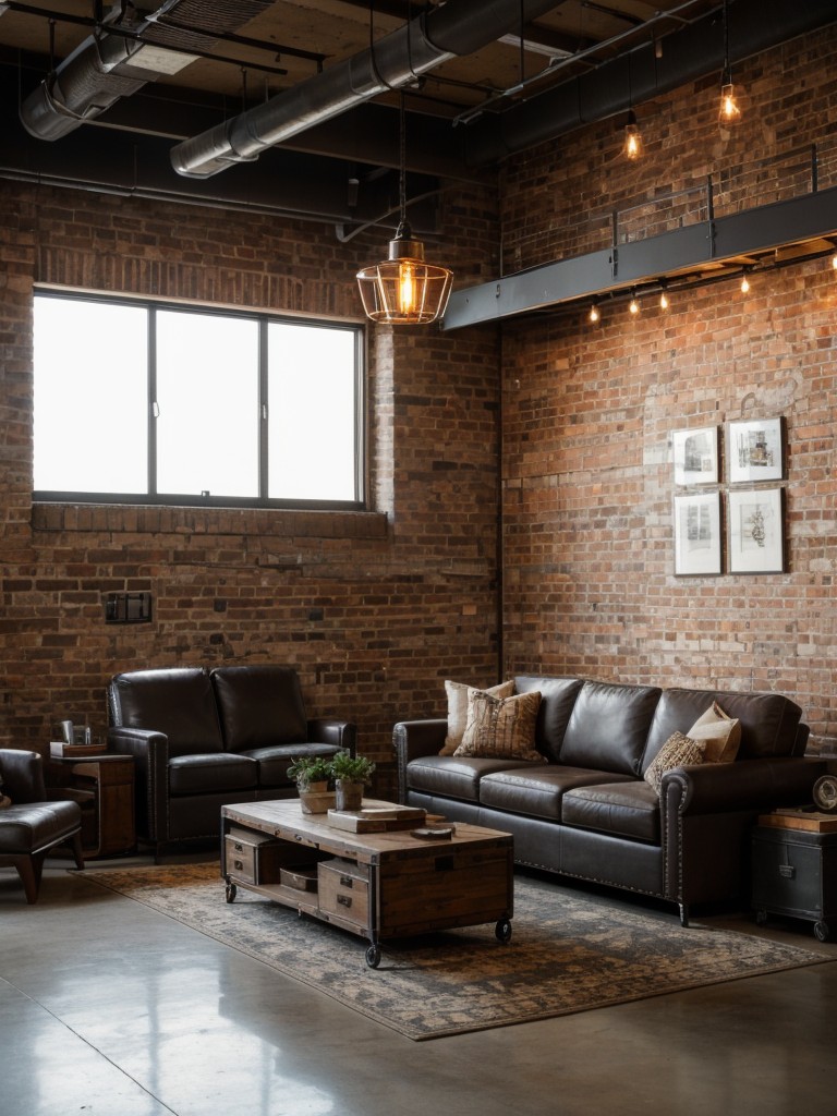 industrial-loft-living-room-ideas-exposed-brick-walls-metal-accents-mix-vintage-modern-furniture-using-pendant-lights-steampunk-inspired-decor