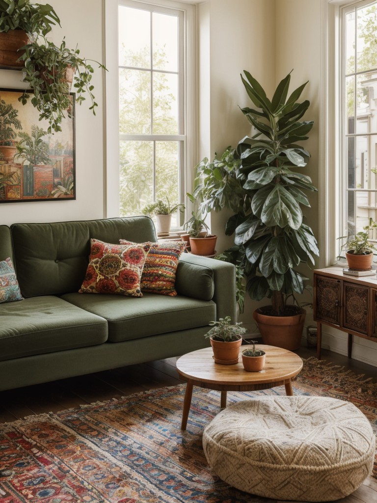bohemian-living-room-ideas-vibrant-patterns-eclectic-furniture-lots-plants-free-spirited-laid-back-atmosphere