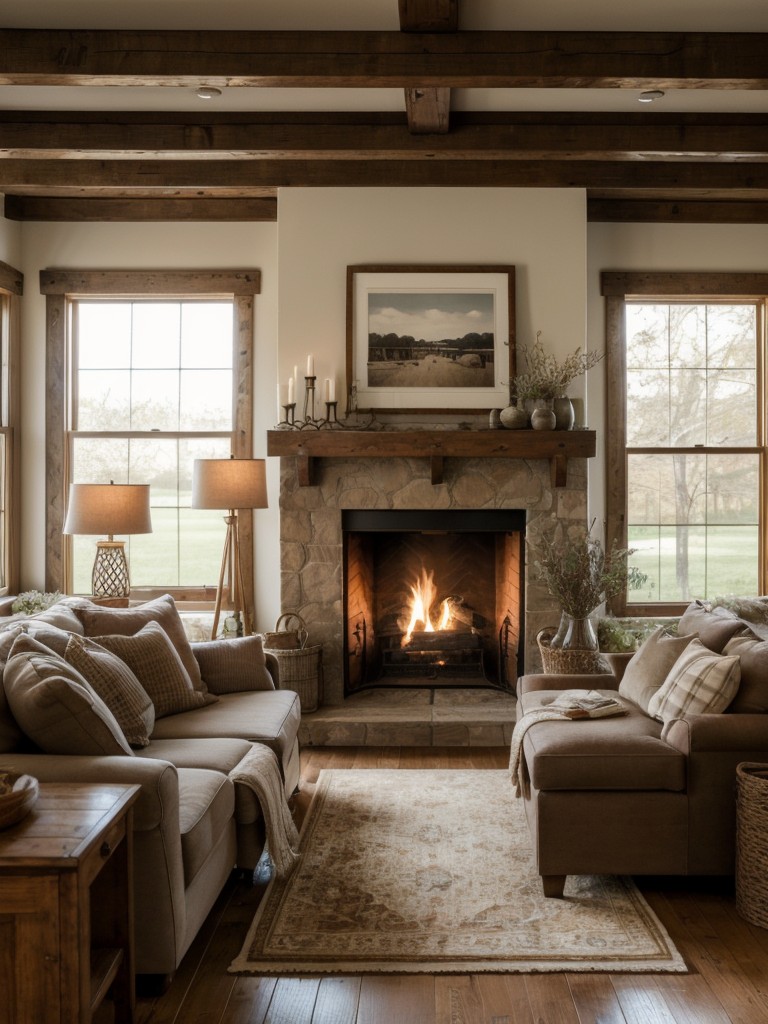 cozy-farmhouse-living-room-ideas-rustic-furniture-earthy-tones-incorporating-vintage-inspired-gallery-wall-cozy-fireplace-charming-ambiance