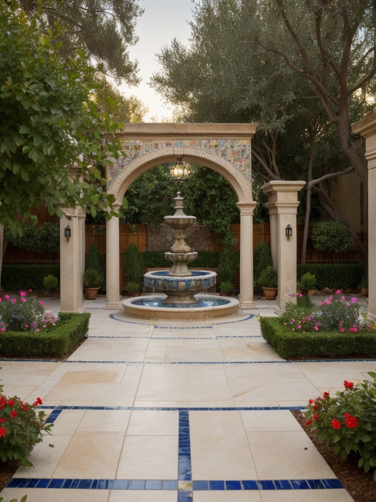 mediterranean-inspired-backyard-courtyard-designs-including-charming-wrought-iron-gate-colorful-mosaic-tiles-large-central-fountain-creating-charming-