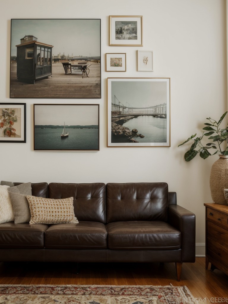 eclectic-gallery-wall-ideas-unique-artsy-living-room-showcasing-mix-artwork-photographs-vintage-finds