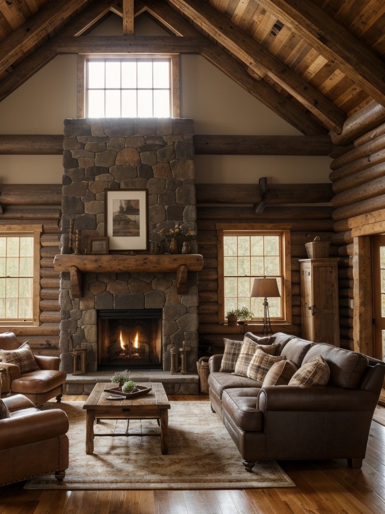 rustic-cabin-living-room-ideas-cozy-fireplace-exposed-wood-beams-cozy-plaid-upholstery