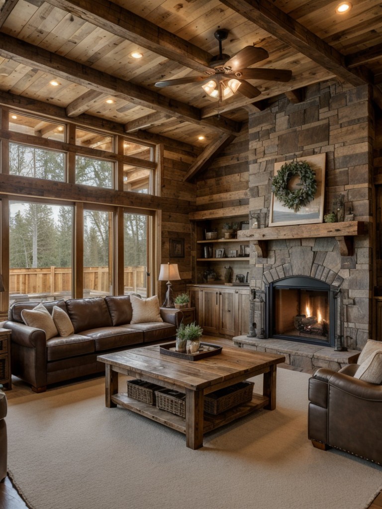 rustic-living-room-ideas-exposed-wooden-beams-cozy-fireplace-distressed-furniture