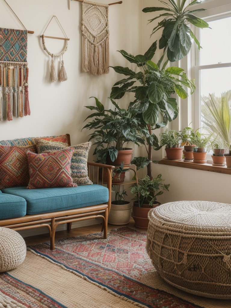 bohemian-chic-living-room-ideas-eclectic-patterns-vibrant-colors-using-floor-cushions-macrame-wall-hangings-indoor-plants