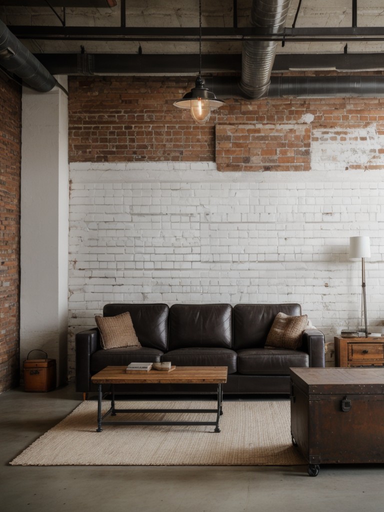 industrial-loft-living-room-ideas-exposed-brick-walls-raw-materials-using-metal-accents-vintage-furniture-oversized-wall-art