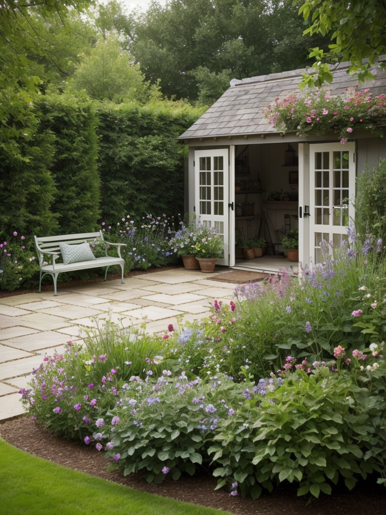 english-garden-inspired-backyard-ideas-lush-flower-beds-classic-wrought-iron-furniture-charming-garden-shed