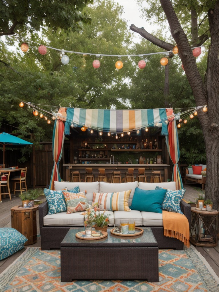 eclectic-backyard-lounge-area-colorful-throw-pillows-hammocks-outdoor-bar-vibrant-fun-space