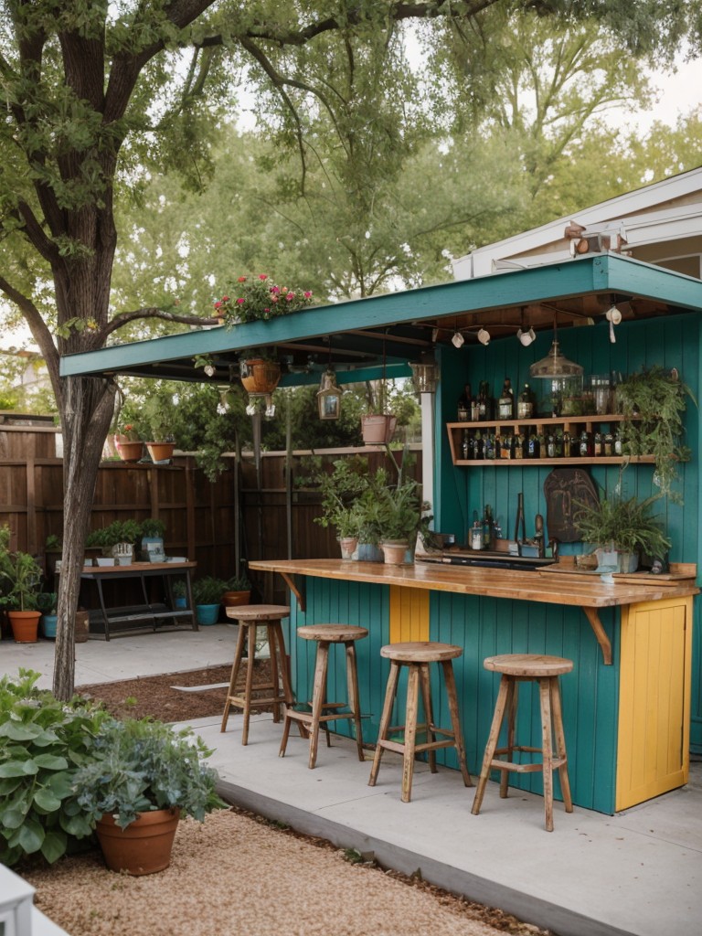 eclectic-backyard-ideas-mismatched-furniture-colorful-planters-diy-bar-fun-bohemian-outdoor-living-area