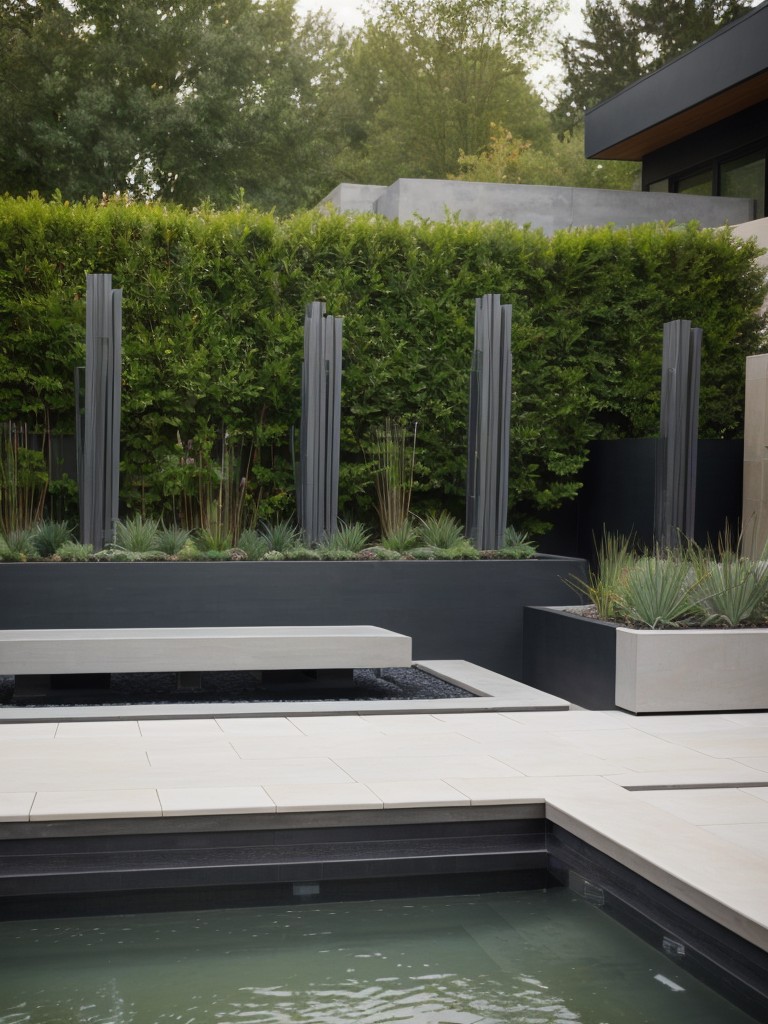 contemporary-backyard-designs-modern-sculptures-sleek-water-feature-geometric-planters-avant-garde-feel