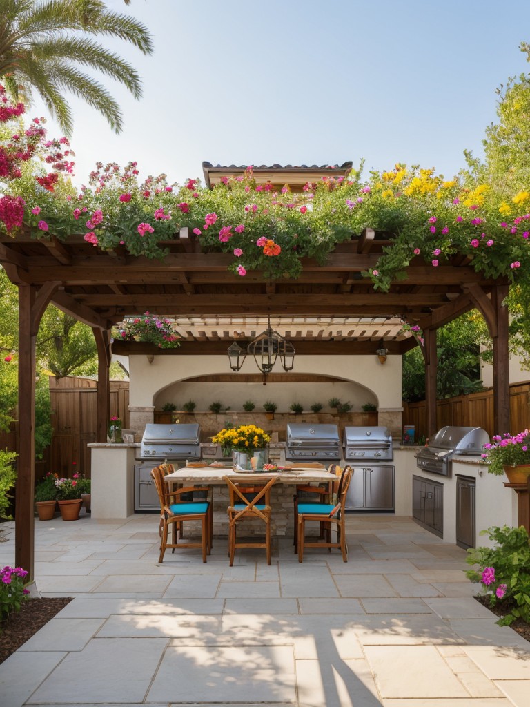 mediterranean-inspired-backyard-pergola-outdoor-kitchen-vibrant-colorful-flowers