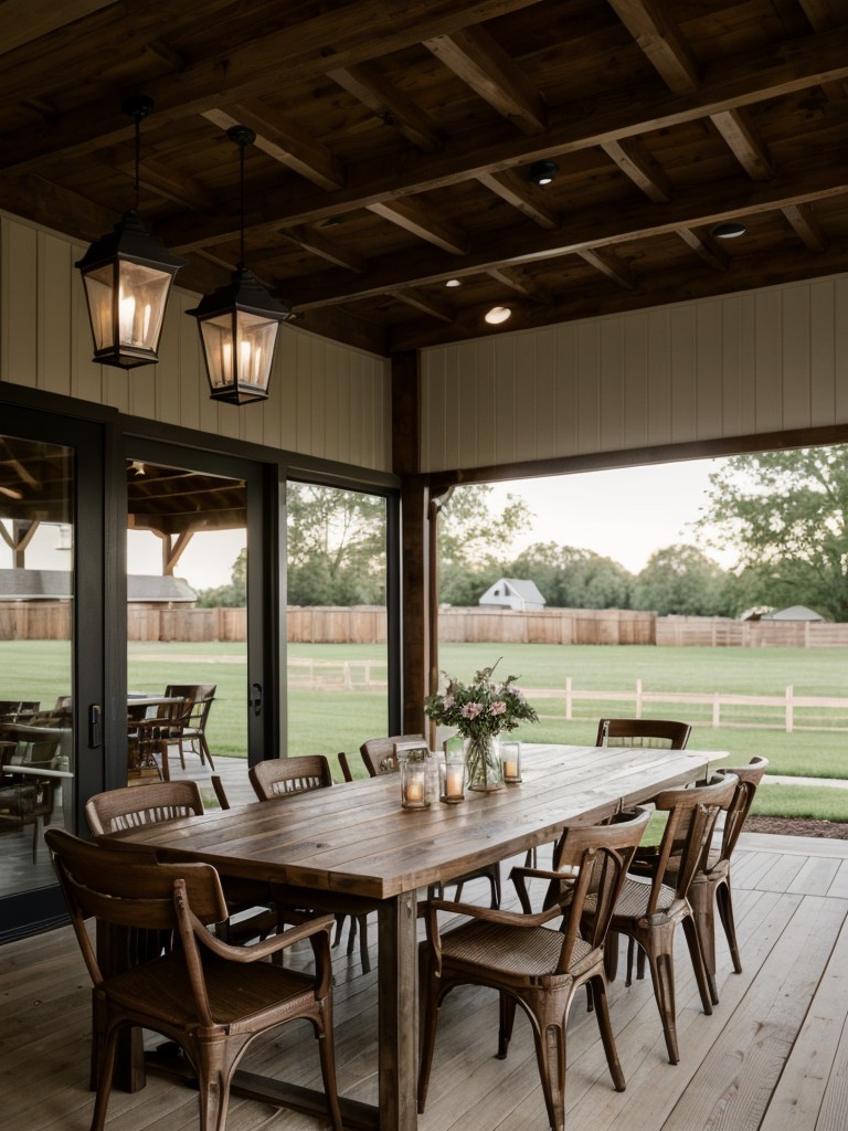 modern-farmhouse-backyard-ideas-embracing-rustic-elements-large-wooden-dining-table-vintage-inspired-outdoor-lighting-fixtures