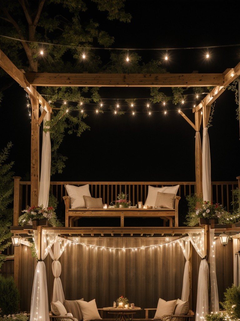 romantic-backyard-date-night-ideas-soft-lighting-cozy-seating-canopy-pergola-adorned-string-lights-draped-fabric