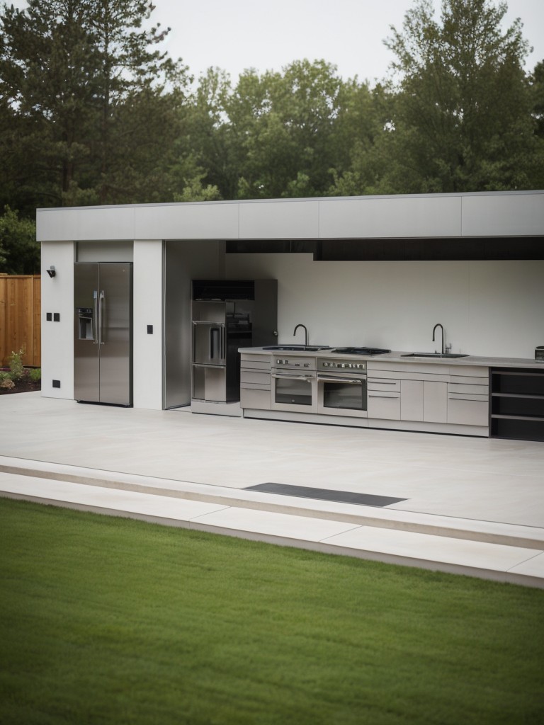 contemporary-backyard-sleek-outdoor-kitchen-minimalist-furniture-high-tech-entertainment-system