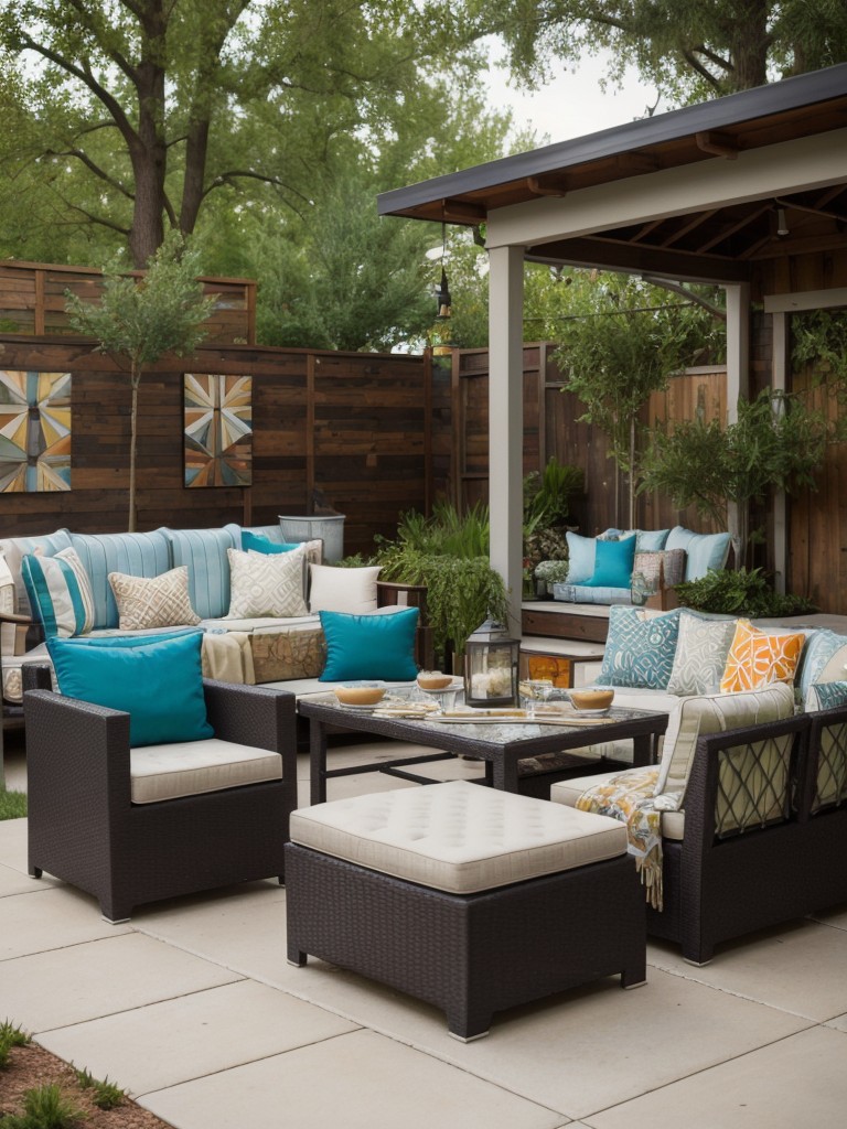 eclectic-backyard-design-mix-patterns-colors-textures-incorporating-various-seating-options-unique-art-pieces