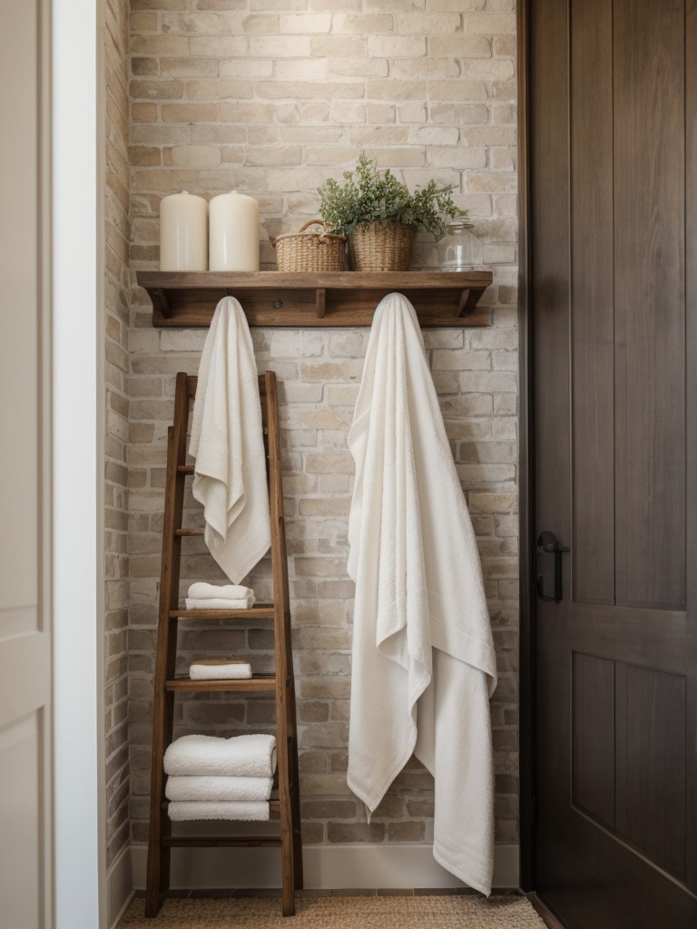 add-touch-nature-stone-brick-accents-walls-wooden-ladder-towel-storage