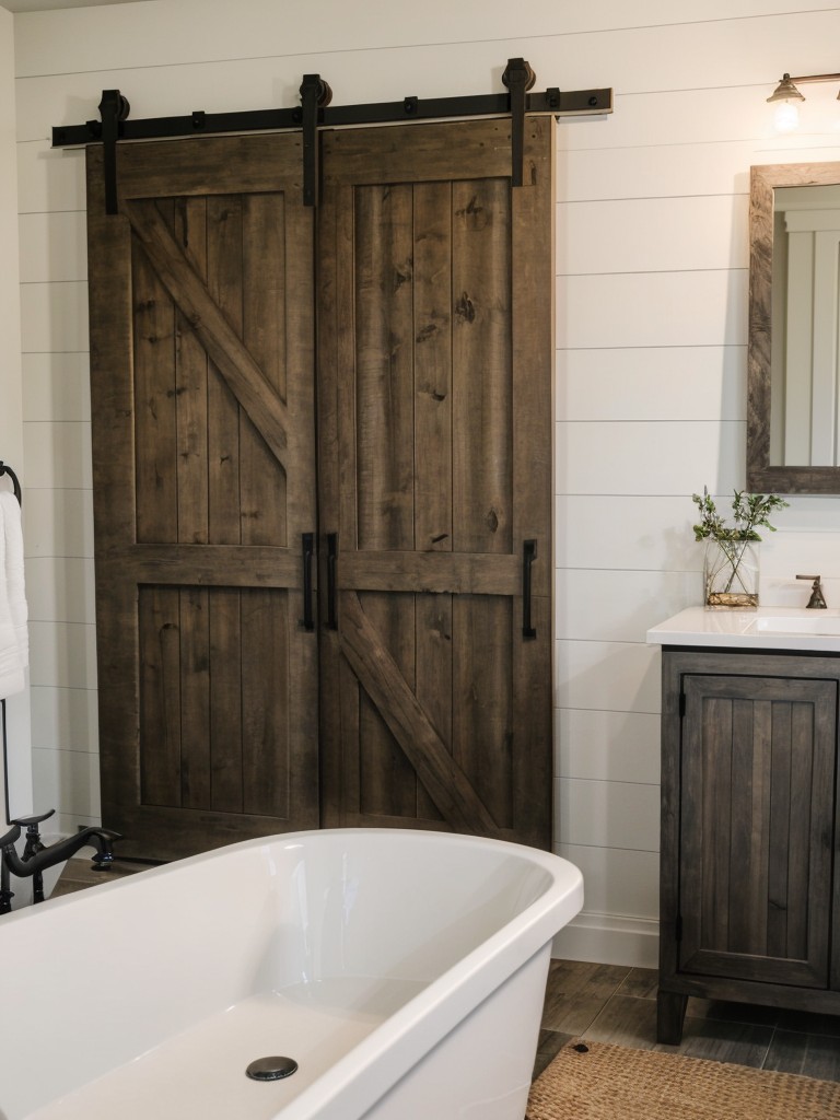 farmhouse-bathroom-ideas-barn-door-shiplap-walls-freestanding-bathtub