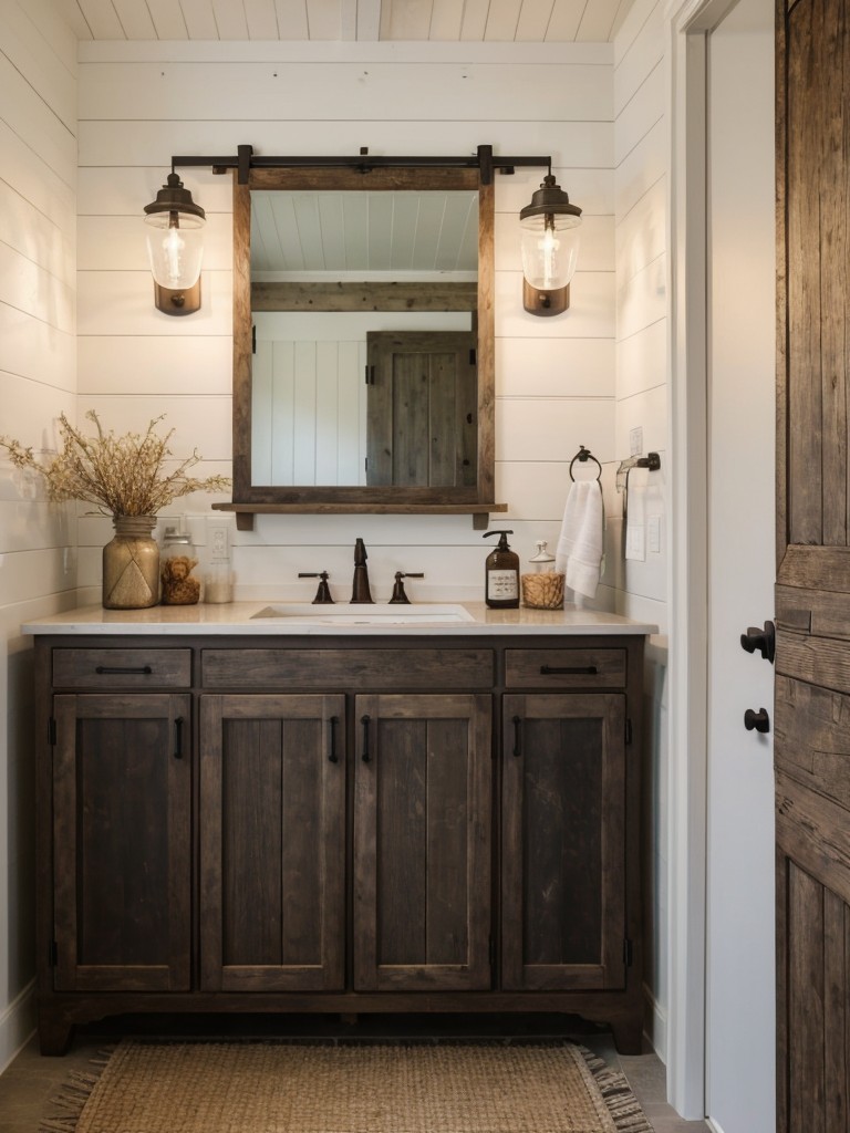 farmhouse-bathroom-ideas-vintage-inspired-fixtures-shiplap-walls-rustic-elements-like-barn-doors-mason-jar-storage