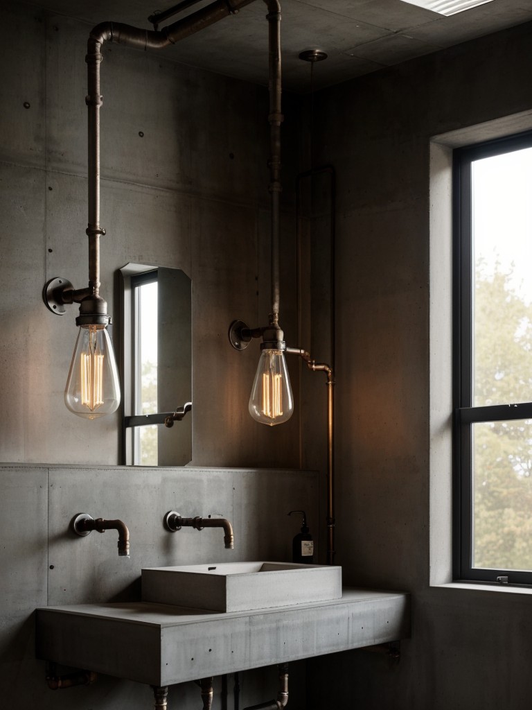 industrial-bathroom-design-ideas-raw-edgy-aesthetic-metal-accents-using-exposed-pipes-concrete-walls-edison-bulb-light-fixtures