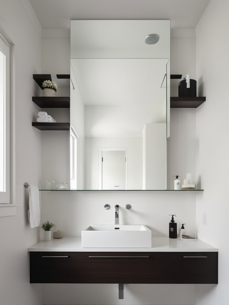 minimalist-bathroom-ideas-sleek-monochromatic-design-minimalist-accessories-such-floating-shelves-frameless-mirror