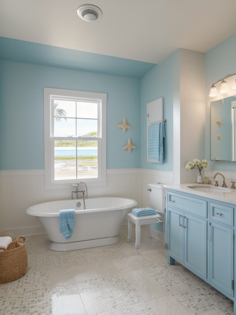beach-themed-bathroom-ideas-seashell-decor-blue-white-color-scheme-sandy-flooring