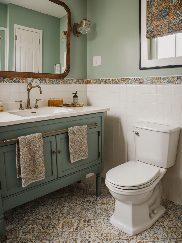 eclectic-bathroom-ideas-mix-different-styles-patterns-combining-vintage-accessories-bold-prints-unique-artwork
