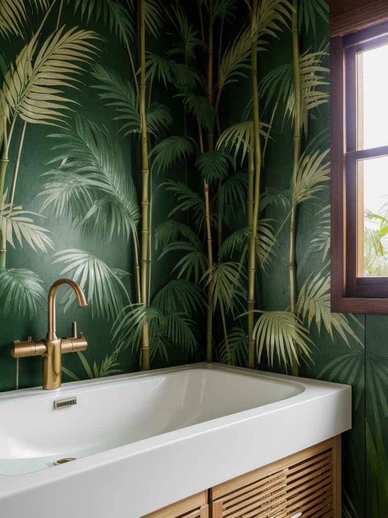 tropical-bathroom-ideas-bamboo-accents-palm-leaf-wallpaper-rainforest-showerhead
