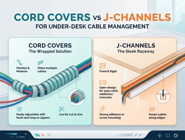 Cord Covers vs J-Channels for Under-Desk Cable Management Image